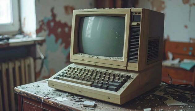 Dusty Vintage Computer Sitting on Desk in Abandoned Room