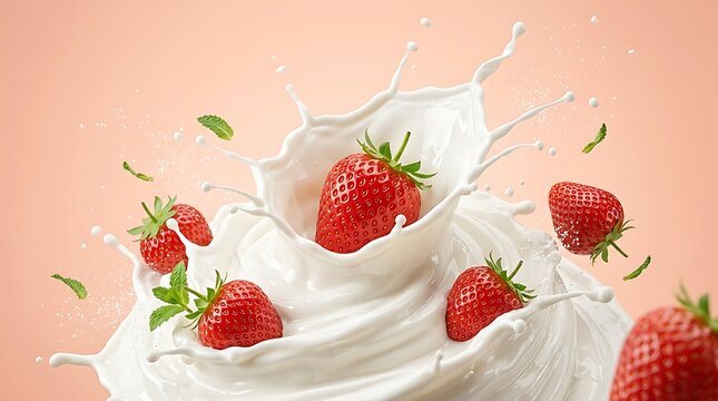 Buah stroberi utuh terjatuh menembus gelombang krim susu lembut yang melambangkan kemewahan cita rasa dan kelembutan nutrisi makanan penutup