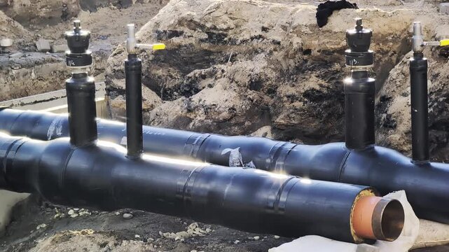 View of new large black pre-insulated pipes installed in excavation ditch, showing connection points and rugged terrain, portraying utility modernization work and urban development process