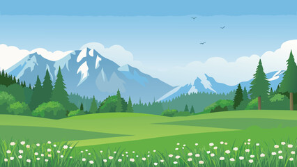 Obraz premium Mountain landscape with green meadow and blue sky vector illustration
