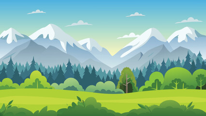 Mountain Landscape Scene With Forest And Green Meadow Vector Illustration © PUNNABEGUM