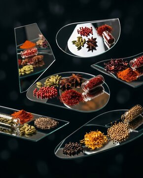Artistic Arrangement of Exotic Spices on Reflective Glass Over Black Background