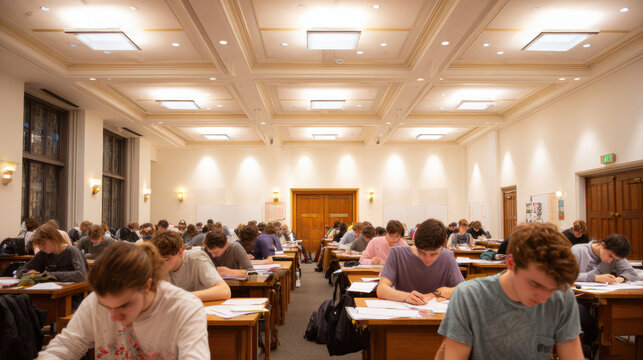 Students in Examination Hall: A focused group of students sit at desks in a brightly lit examination hall, diligently working on their papers under the watchful eye of supervisors.