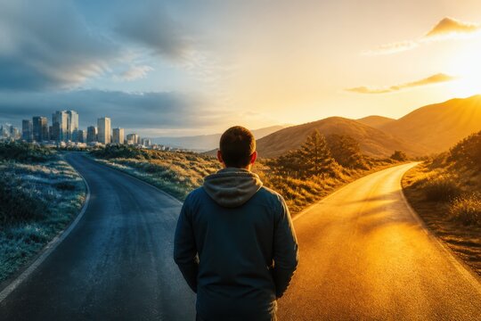 Man at a forked road choosing between city path and mountain sunrise future