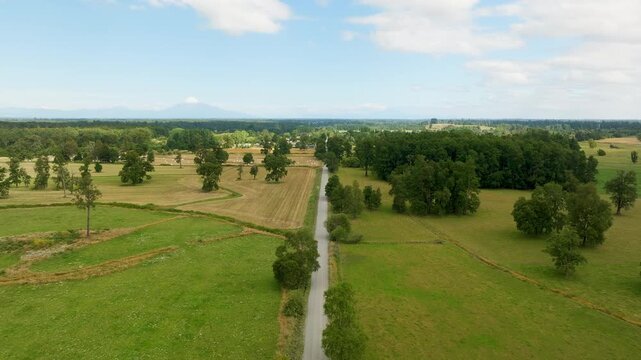 Drone slow forward aerial flight at medium altitude over green fields and dirt road near Puerto Octay Chile with volcano on horizon