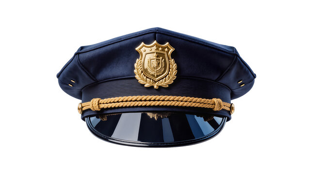 Navy blue police cap with gold emblem and rope detail