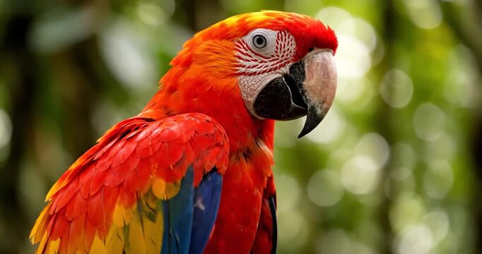 Scarlet macaw parrot looking around in a lush tropical jungle environment