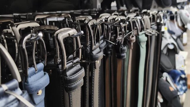 Detailed perspective of many belts made of leather and faux leather, neatly organized on display hooks within department store, showcasing range of styles, materials for consumer selection.