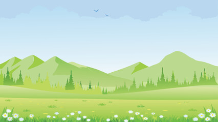 Fototapeta premium Green mountain landscape with meadow and blue sky vector illustration
