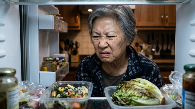 Disgusted elderly woman looking at spoiled food inside an open refrigerator