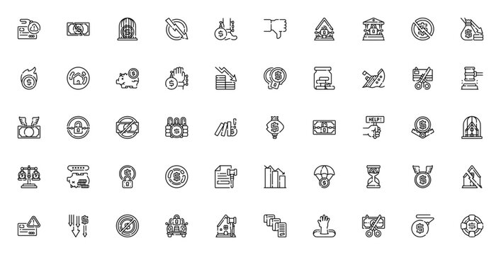 Bankruptcy icon set. Minimal vector icons pack. Featuring debt, loss, ban, eviction, money loss, savings, sinking, law, foreclosure, help, trap, auction, warning, domino, parachute, hourglass, legal d