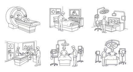 Naklejka premium Medical procedures and examinations in hospital settings, hand-drawn illustrations.