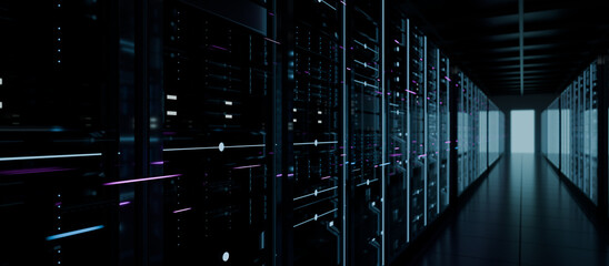 Computer server room in data center center corridor, representing cloud computing network infrastructure, big data storage hosting, cyber security mainframes server equipment © Zerofukuman