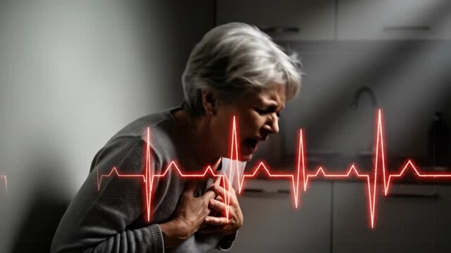 Senior experiencing severe chest pain, indicative of cardiovascular distress, heart attack symptoms, and potential heart disease requiring immediate medical intervention and prevention strategies