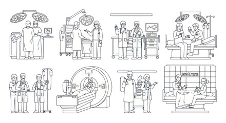 Obraz premium Medical Professionals Performing Various Hospital Procedures Outline Illustrations.