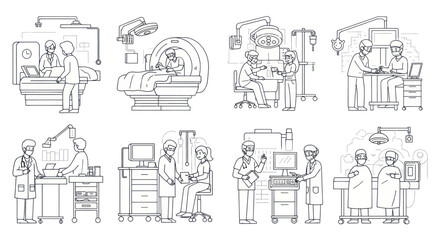Obraz premium Medical Professionals Working in Hospital Environments with Patients and Equipment.