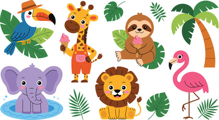 Fototapeta premium Cartoon illustration of tropical animals like elephant, giraffe, lion, and toucan enjoying ice cream.