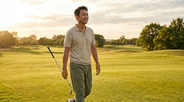 Golfer walking with club on a green golf course at sunset, wearing beige polo and gloves in warm golden light
