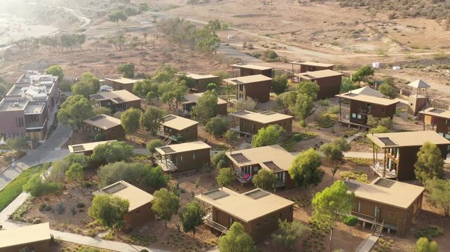 Drone aerial view of a luxury resort development in Agadir, one of Morocco&rsquo;s leading tourism destinations. The scene highlights upscale accommodation, sustainable hospitality, wellness tourism, and th