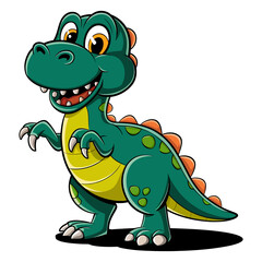 Fototapeta premium Cute green cartoon t rex dinosaur with yellow belly standing on white background.