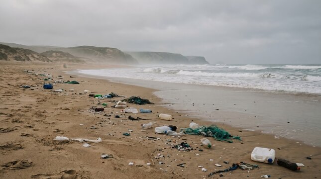 Plastic waste scattered on sandy beach, with ocean waves, cliffs, and cloudy sky showing coastal pollution