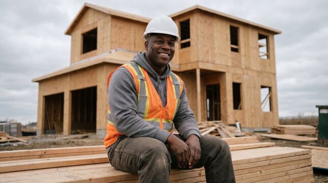 Smiling construction worker sitting on lumber in front of a wooden house frame, wearing hard hat and safety vest at building site