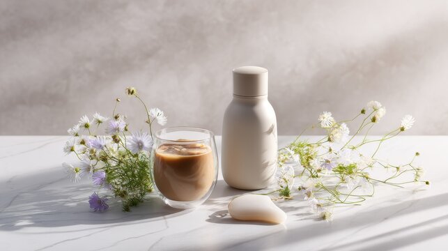 Aesthetic iced coffee, herbal tea, and beauty tool with delicate flowers. Refreshing iced coffee drink sits beside reusable water bottle and gua sha stone, surrounded by delicate wildflowers and herbs