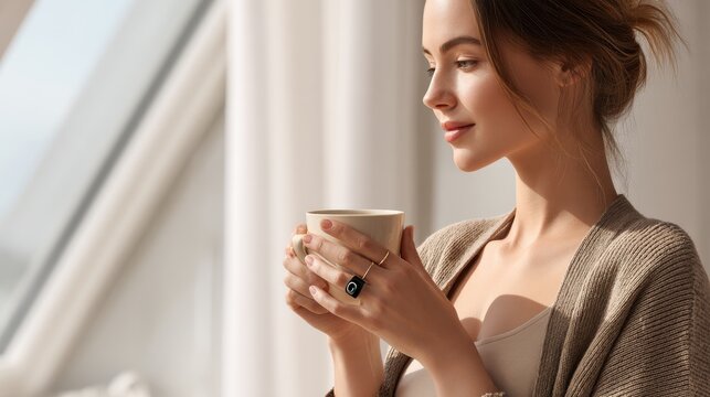 Woman enjoying a warm cup of herbal tea by the window in cozy cardigan. A woman with her hair up holds a mug of tea, bathed in soft sunlight, embodying a moment of calm and wellness