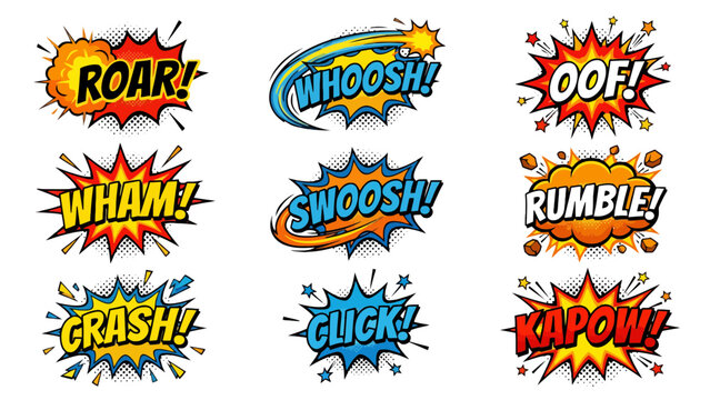 Vibrant collection of colorful comic book style vector speech bubbles featuring various explosive sound effects for fun graphic design projects