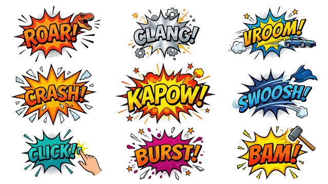 Colorful collection of vibrant vector comic book sound effect bubbles featuring dynamic action words for creative graphic design projects today