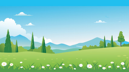 Scenic Landscape Illustration With Rolling Hills And Blue Sky © PUNNABEGUM
