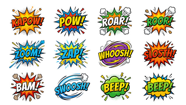 Colorful comic book speech bubbles featuring dynamic sound effects set as a vibrant vector graphic illustration for fun creative designs