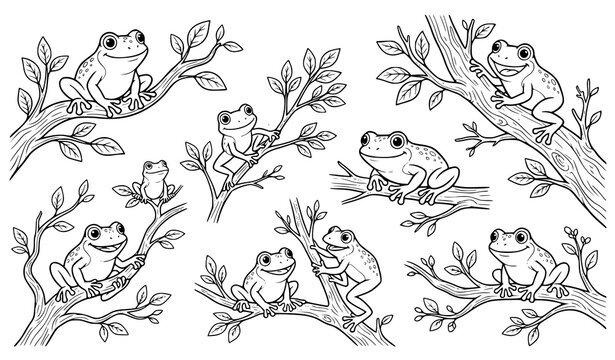 Tree Frog On Branch Collection Vector Illustration
