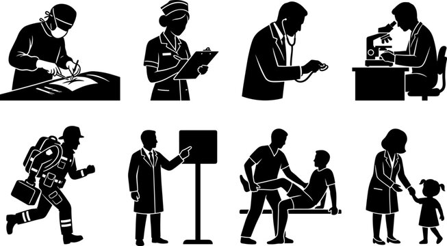 Medical and healthcare profession silhouette icon set featuring surgeon nurse doctor paramedic physical therapist laboratory scientist and pediatrician.
