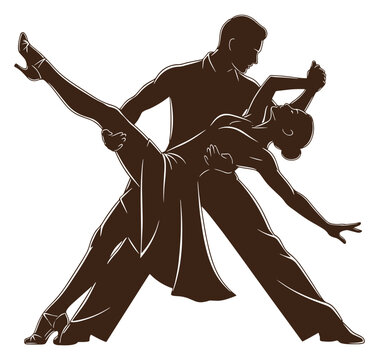 silhouette of couple dancing tango in dramatic pose isolated on transparent background