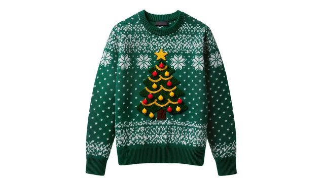 Green knitted Christmas sweater with tree and snowflakes pattern