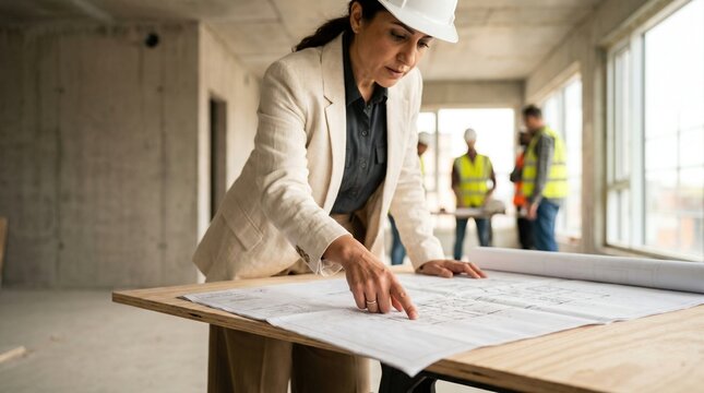 Female architect pointing at blueprint on table in unfinished building, wearing hard hat while construction team works in background