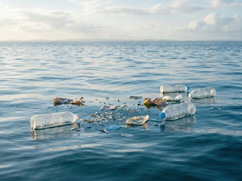 Plastic bottles and trash floating in ocean water, showing marine pollution
