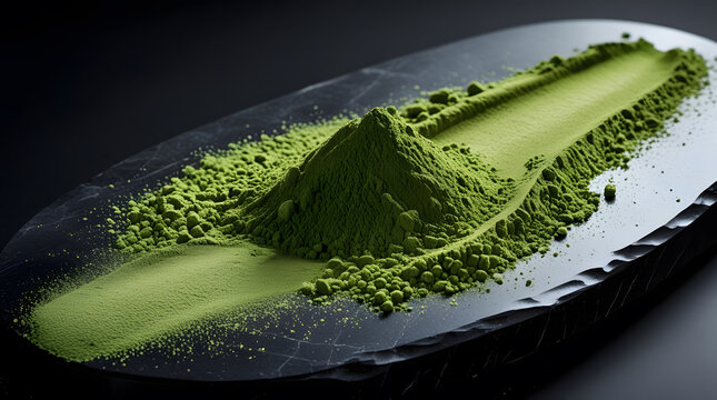 Green matcha powder spread on dark slate plate