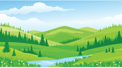 Rolling green hills and coniferous trees vector landscape illustration © PUNNABEGUM