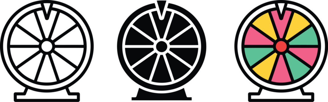 Lucky Wheel Prize Draw Icon Set for Interactive Gaming, Random Selection and Spin Winner Concepts Vector