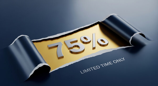 Torn paper reveals a golden surface with 75% sale text, representing a special offer and limited-time opportunity