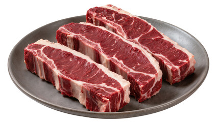 Obraz premium Three raw beef steaks with fat marbling on a grey plate