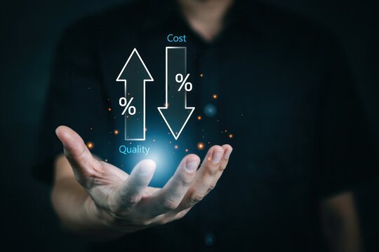 Business concept of increasing quality and decreasing cost, represented by arrows and percentage symbols