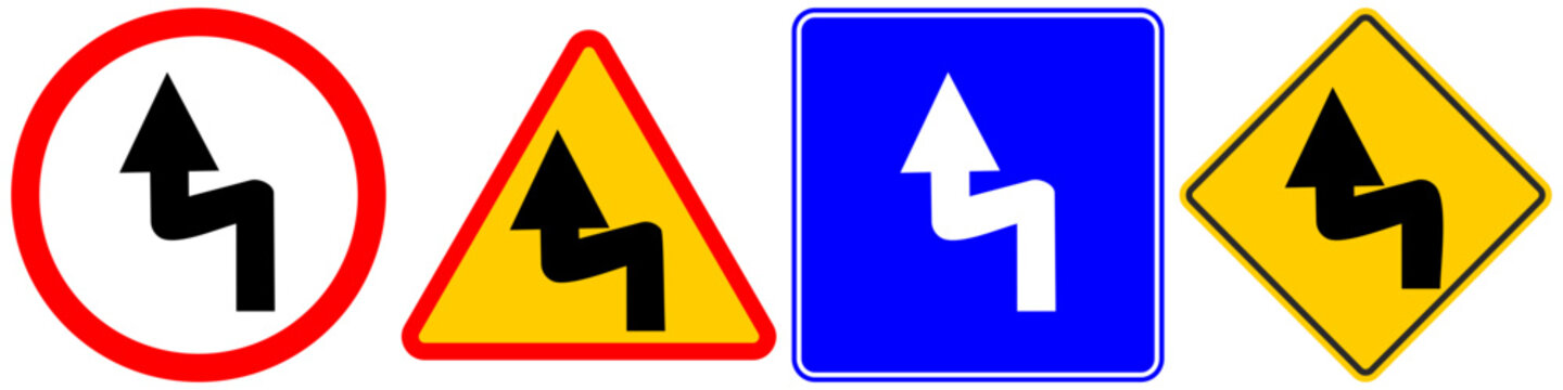 Traffic Road Sign Icons Set, Double Curve First to the Left and Winding Road Traffic Symbols Isolated
