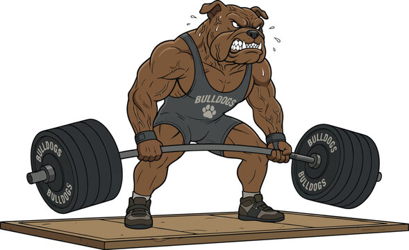 Sweating muscular bulldog deadlifting heavy barbell vector mascot logo, flat hybrid illustration for powerlifting and gym apparel