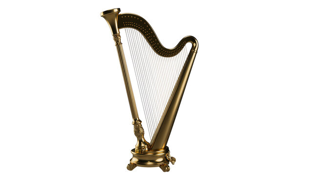 Golden ornate harp with many strings