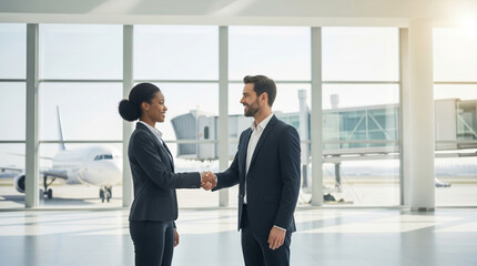 Fototapeta premium Diverse businessmen shaking hands in a modern airport terminal, representing global partnership and corporate mergers