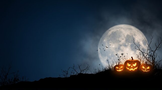 Spooky halloween copy space background with carved glowing pumpkins and full moon in night sky jack o lantern halloween background silhouette celebration