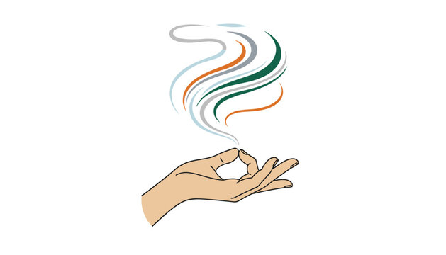 A single human hand in a mudra pose releases a swirling multi-colored vapor stream rising elegantly against a clean and bright white background.